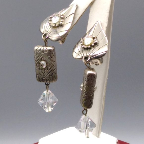 Vintage Puffy Teardrop Dangle Earrings, Statement Silver Tone Drops to Clear - Picture 3 of 3